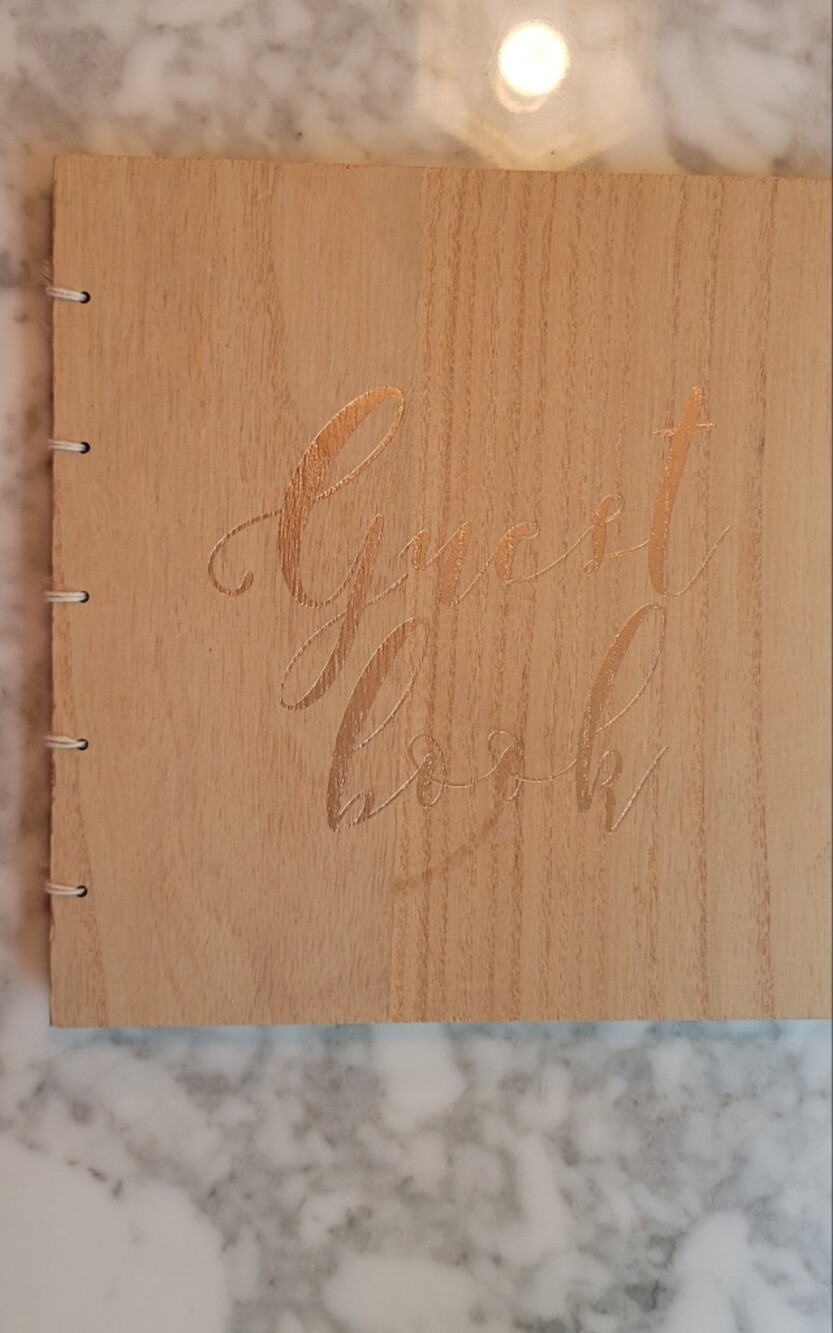 Rustic Wood Grain Guest Book with Rose Gold Script